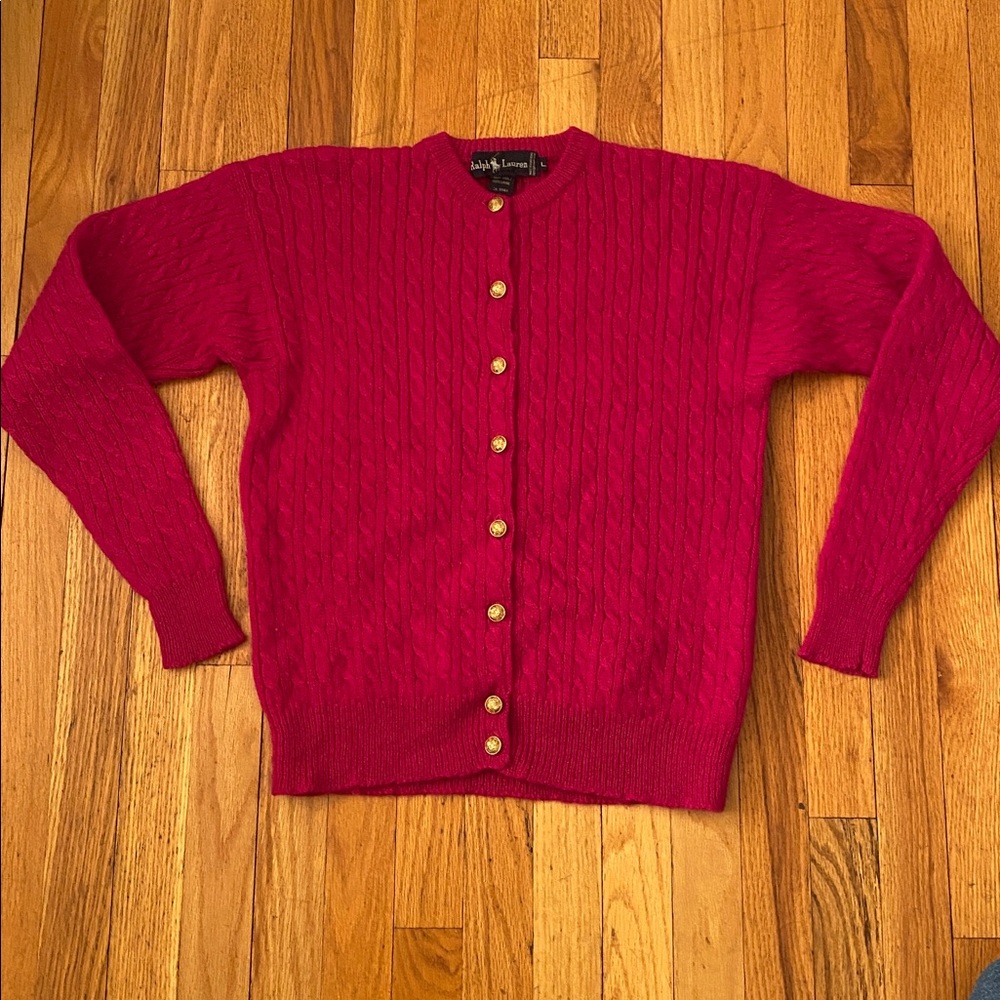 Ralph Lauren Vintage Wool Cable Knit Cardigan Made in Hong Kong Berry Pink EUC